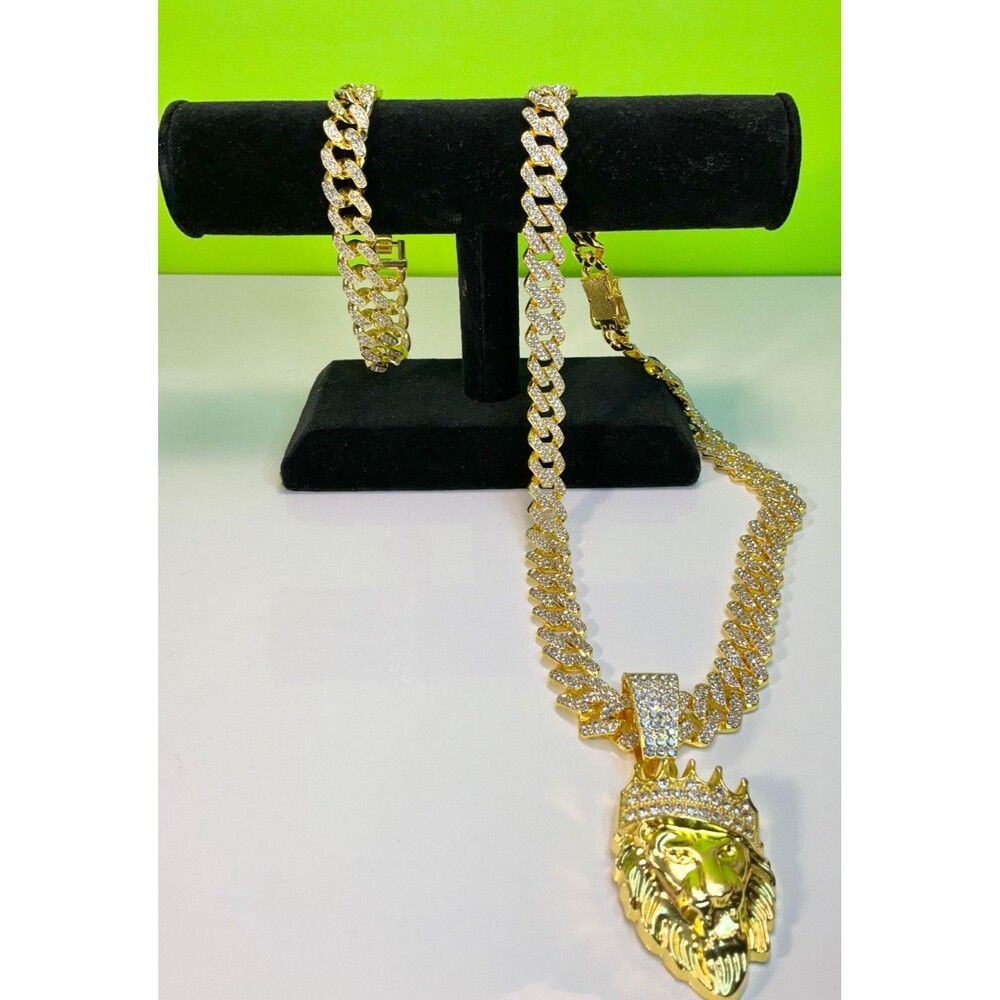 Lion King Pendant Necklace Bracelet Lot Hip Hop Iced 20” Inches CZ Chain Cuban